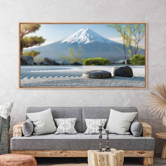 Mount Fuji Japan Zen Garden Raked Sand Rocks Serene Landscape Travel Poster
