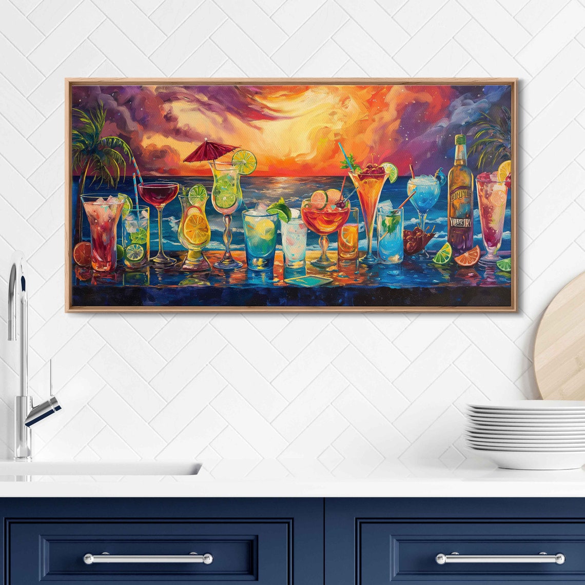 Panaramic Cocktail Painting Palm Trees In Sunset Vibrant Color Wall Art Print Ready To Hang