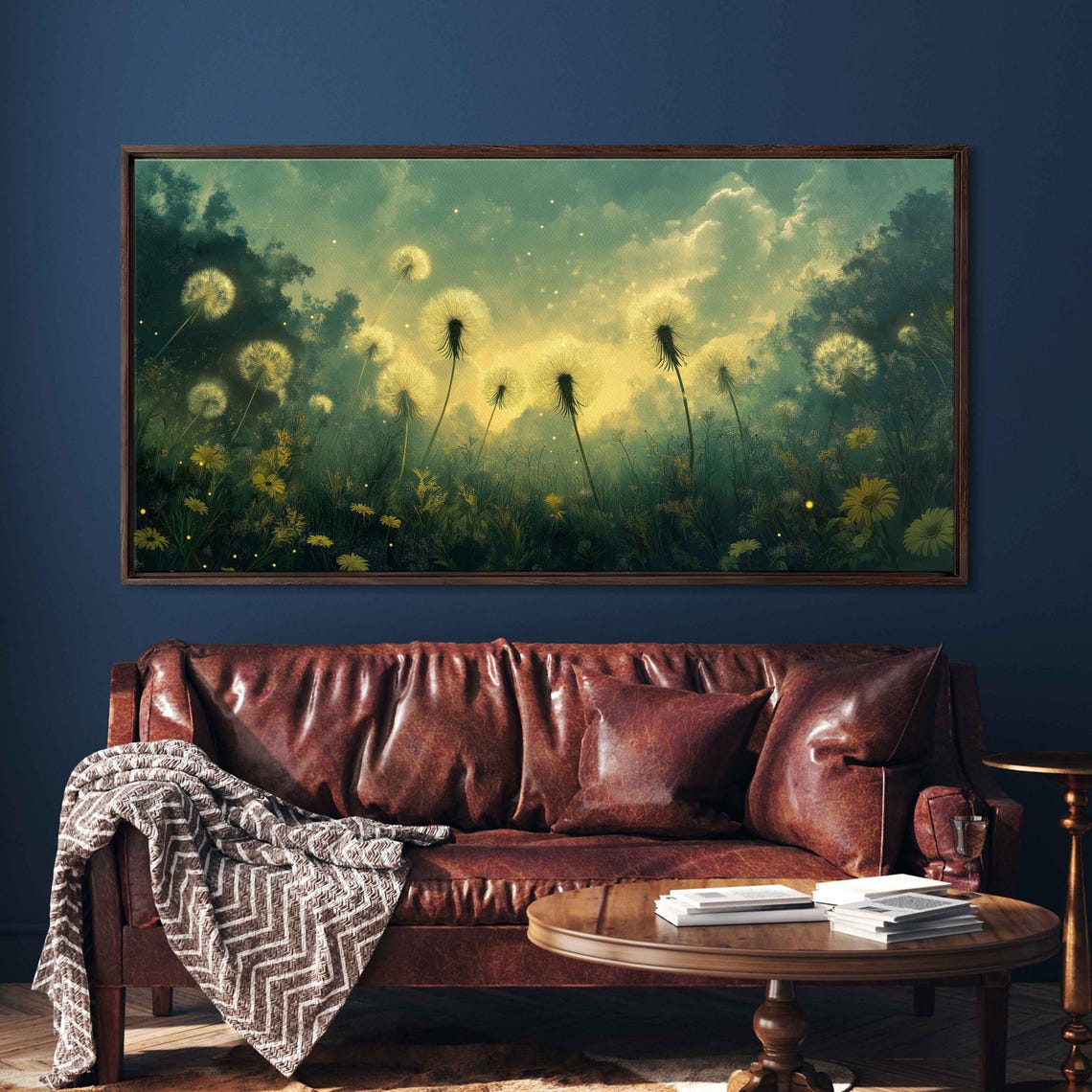 Giant Dandelion Puffs In Glowing Dawn Meadow Mystical Floral Wall Art