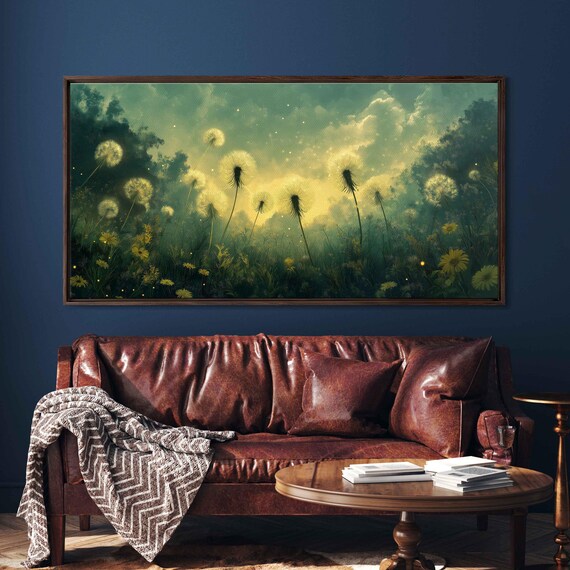 Giant Dandelion Puffs In Glowing Dawn Meadow Mystical Floral Wall Art