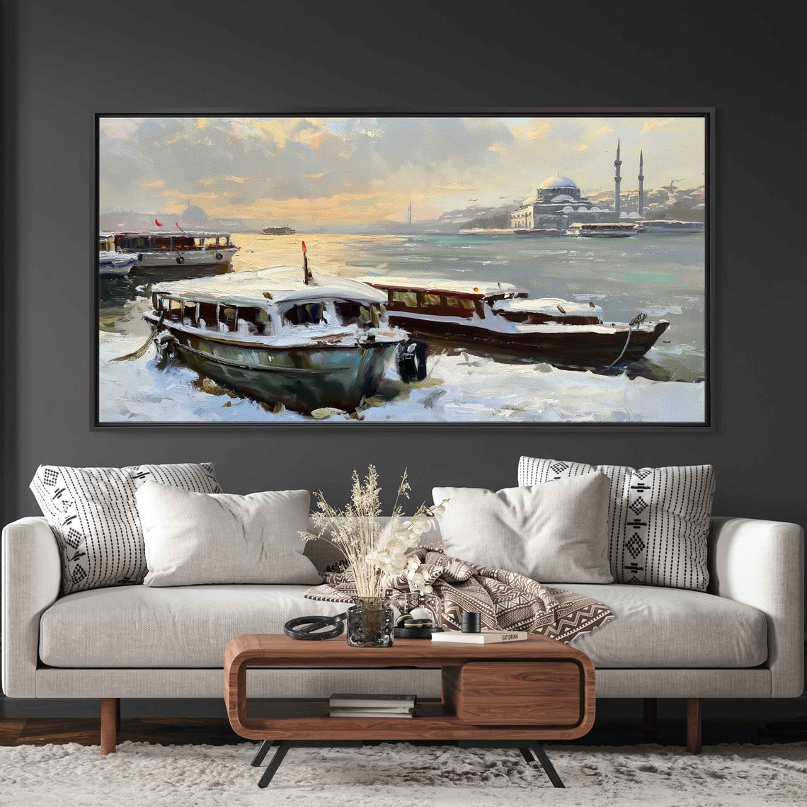 Snowy Winter Harbor Docked Boats Mosque Across Water Scenic Wall Art