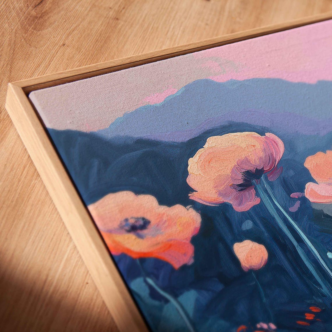 Oversized Pink Blossoms Before Blue Mountains At Dusk Art Poster - Image 2