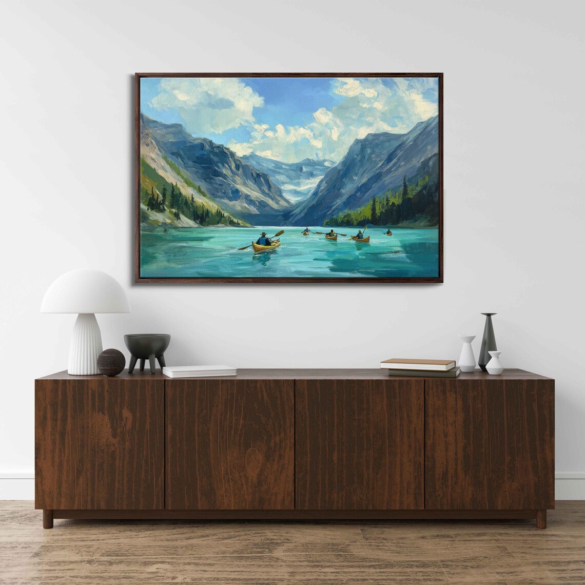Kayakers On Serene Lake, Landscape Art Print - Image 3