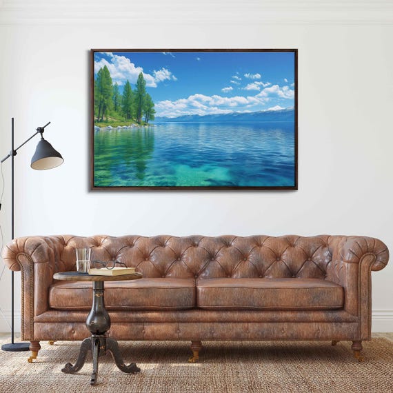 Lake Tahoe Serenity Wall Art Print Clear Blue Sky Vibrant Greens Gentle Ripples
