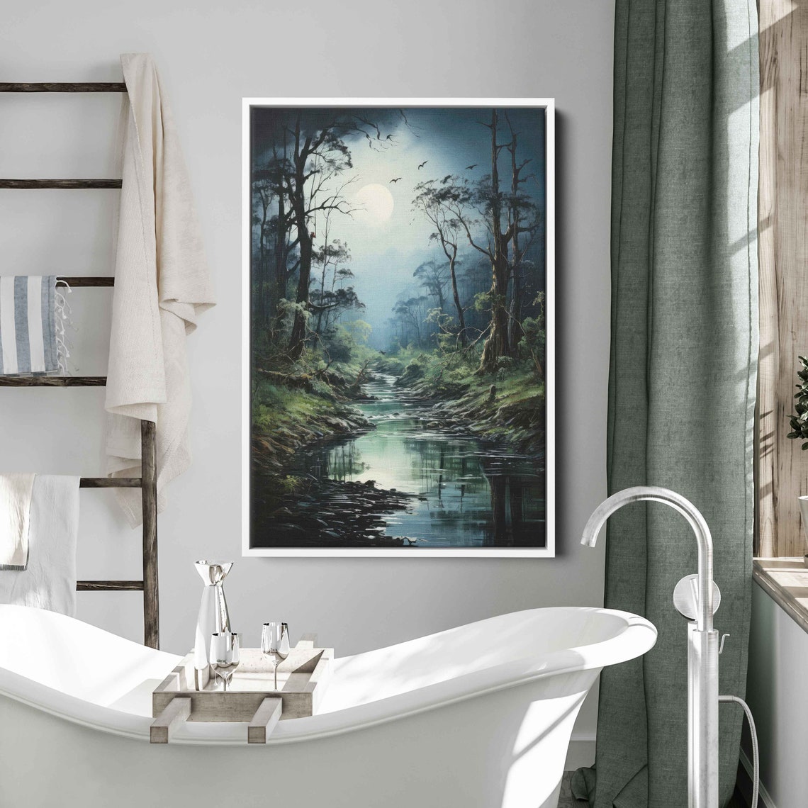 Moonlit Forest Stream Misty Night Full Moon Reflection Nature Poster - Image 2