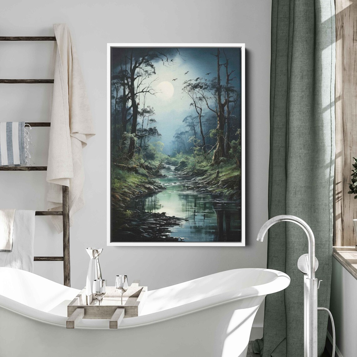 Moonlit Forest With Stream Tranquil Nature Painting Framed Print Ready To Hang - Image 2