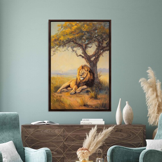 Lion Resting Under Tree Golden Afternoon Light Warm Oil Painting Poster