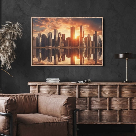 City Skyline At Sunset Framed Print Ready To Hang Urban Landscape Decor