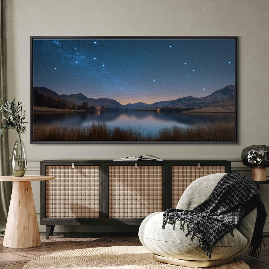Starry Night Sky Over Mountain Lake With Glowing Reflection Poster - Image 3