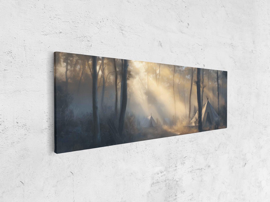 Foggy Campsite At Dawn Teepees Misty Forest Ethereal Light Art Poster - Image 4
