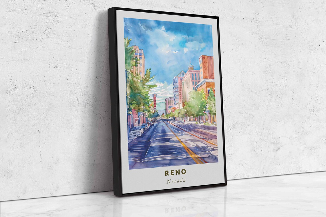 Reno Nevada Sunny Downtown Street Watercolor Blue Sky Art Poster - Image 2