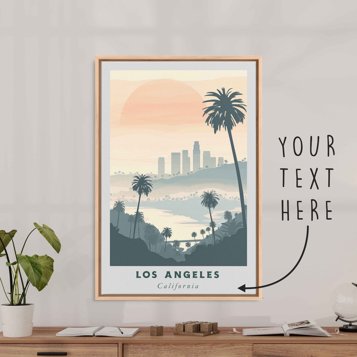Los Angeles California Sunset Palms Misty Skyline Beach Travel Poster