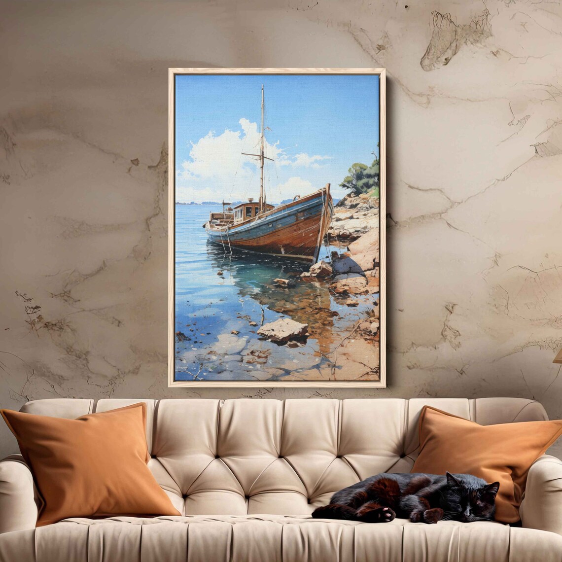 Old Vintage Wooden Sailboat Rocky Shore Calm Blue Water Poster - Image 3
