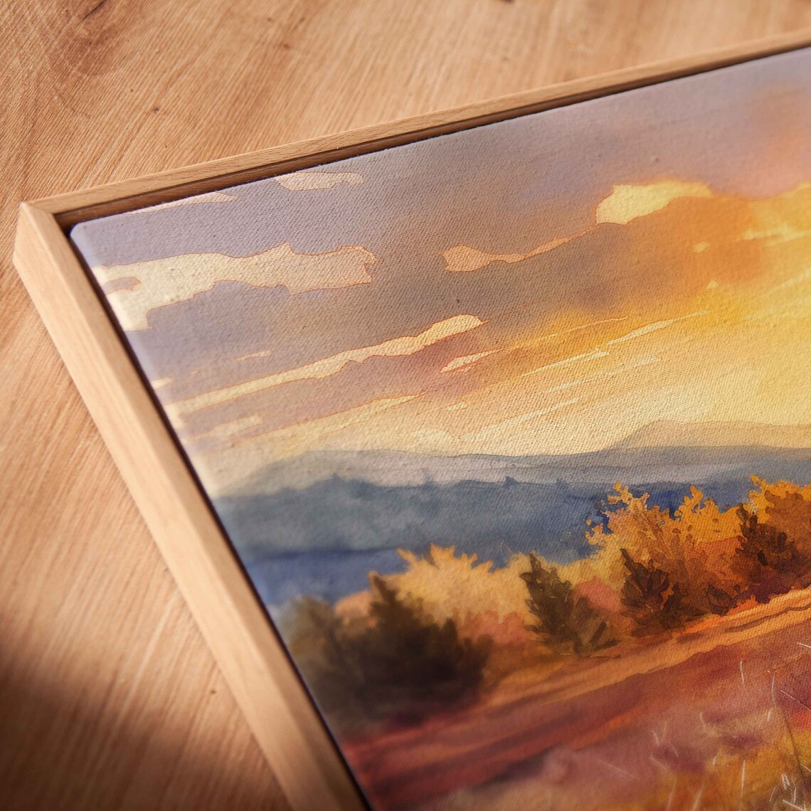 Sunset Over Autumn Meadow With Winding Creek Watercolor Poster - Image 2