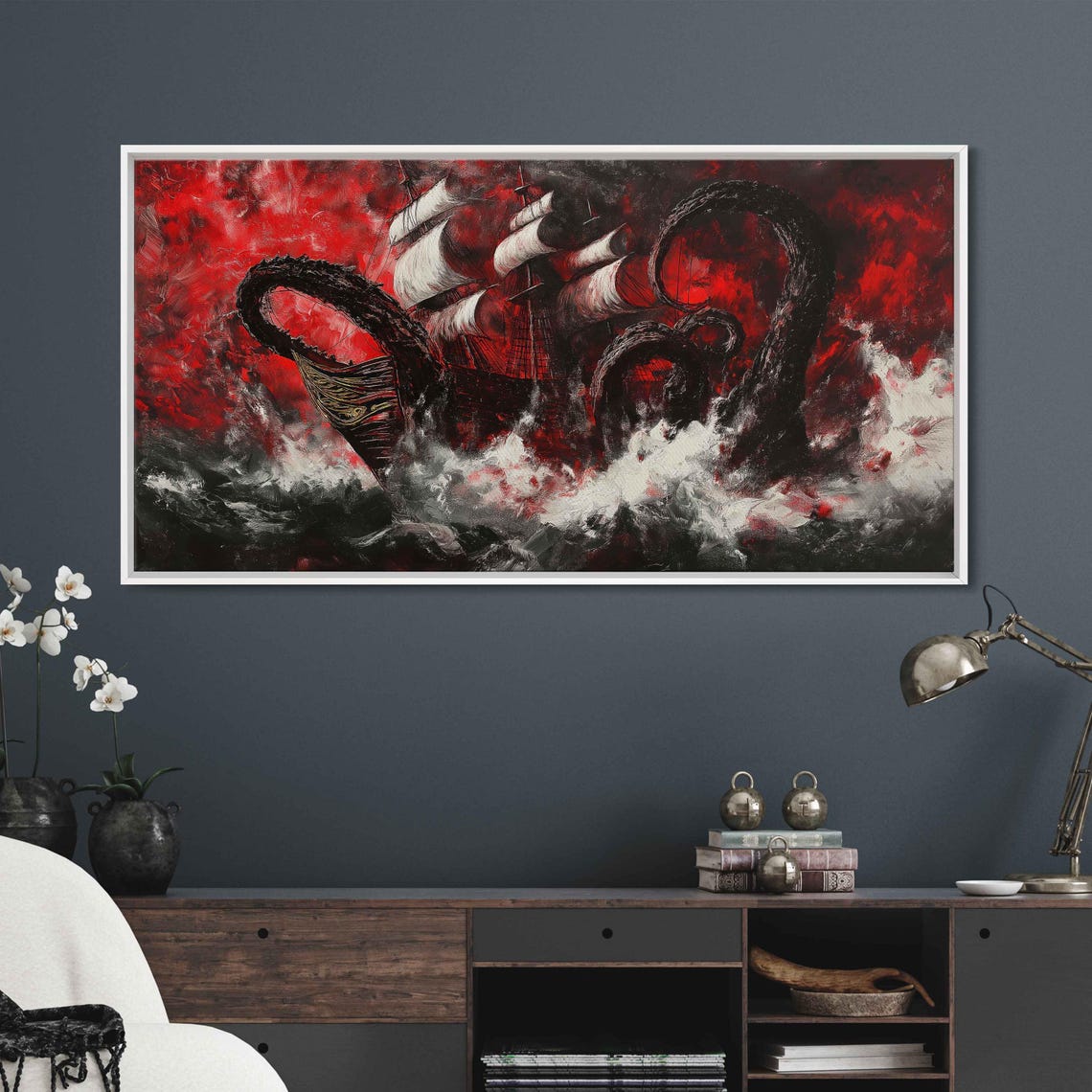 Kraken Attacking Classic Ship Wall Art Print Dramatic Red And Black Colors Frozen In Time