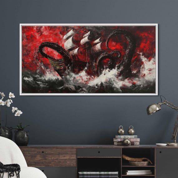 Kraken Attacking Classic Ship Wall Art Print Dramatic Red And Black Colors Frozen In Time