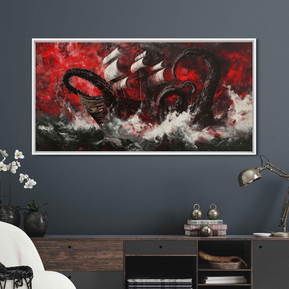 Kraken Attacking Tall Ship Dramatic Red Black Sea Monster Art Poster