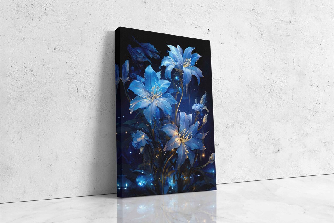 Glowing Blue Flowers Night Garden Fantasy Botanical Wall Art Print - Image 4