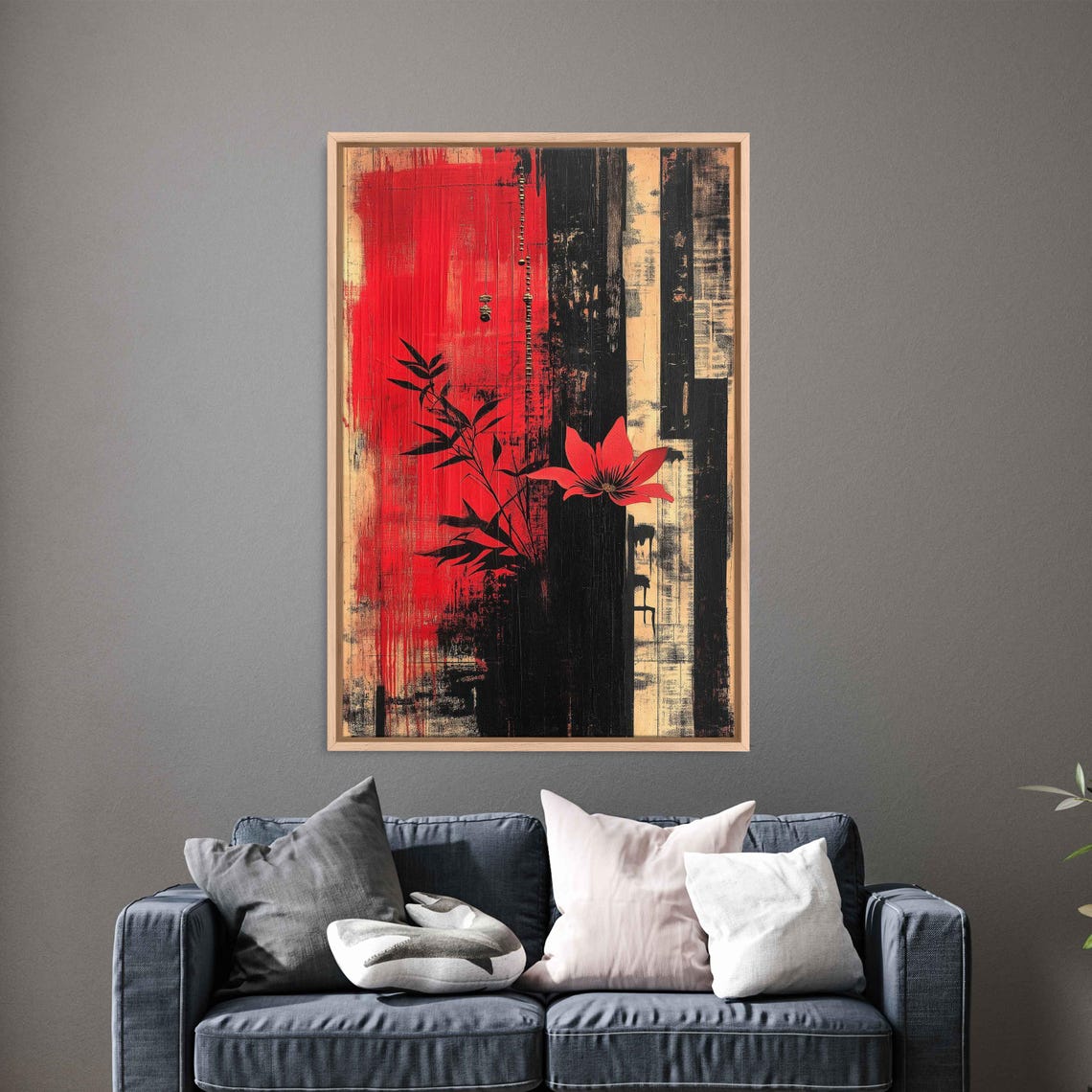 Red Flower Bamboo Abstract Textured Stripes Asian Inspired Art Poster