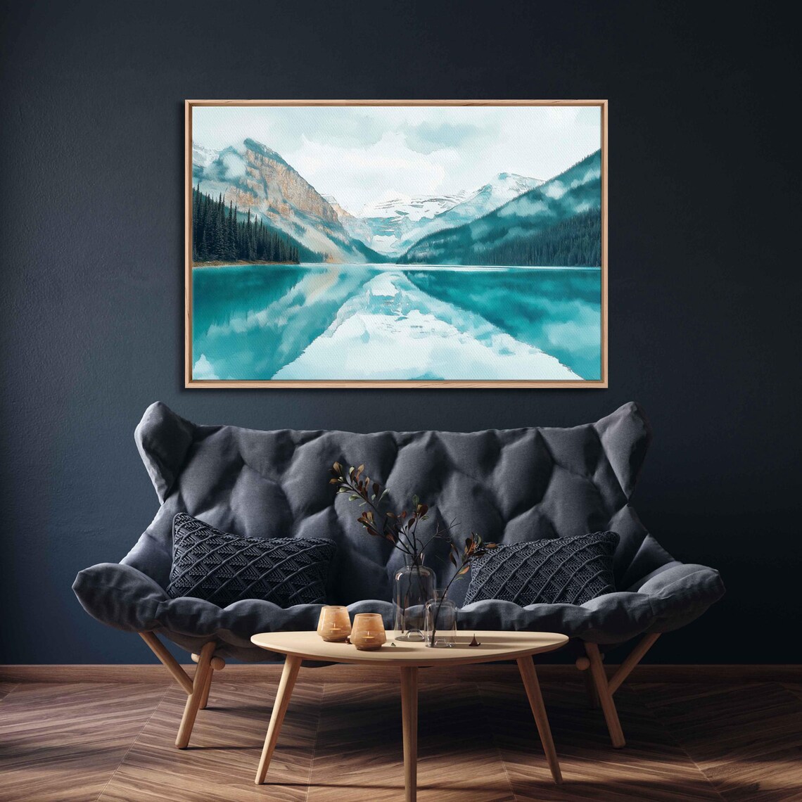 Lake Louise Watercolor Wall Art Print Turquoise Waters Snow Capped Mountains
