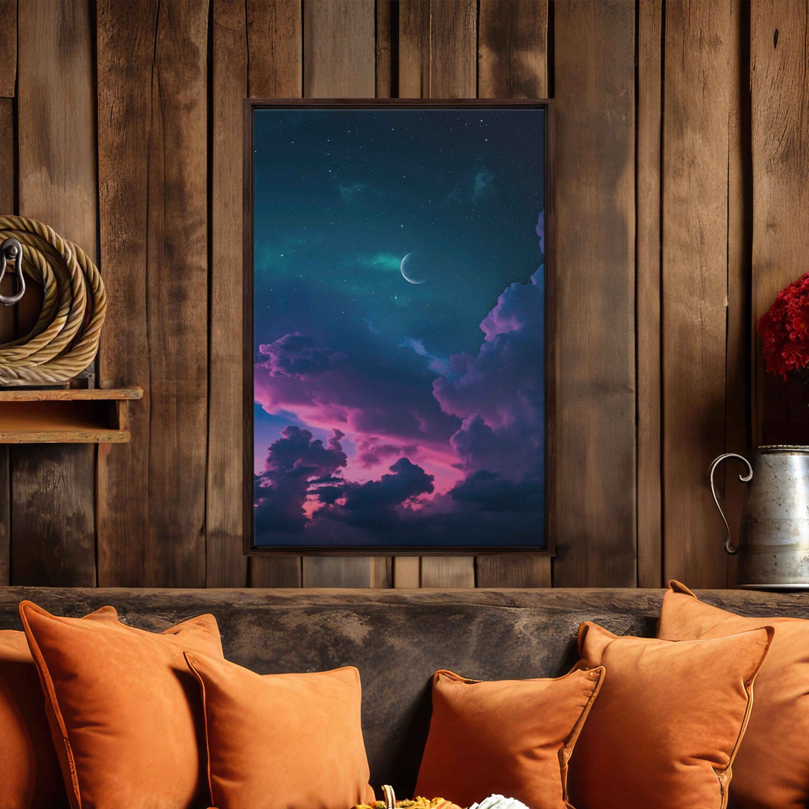 Crescent Moon And Stars During Cloudy Black Night Sky Celestial Poster Outer Space Vibrant Clouds Ready To Hang - Image 2