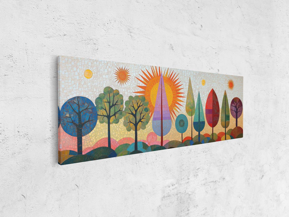 Mosaic Style Colorful Stylized Trees Sunburst Panoramic Poster - Image 4