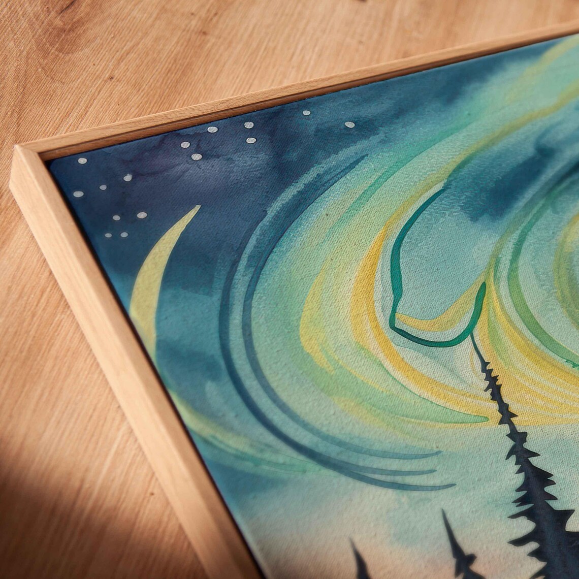 Van Gogh Style Starry Night Sky Over Snowy Pine Forest Watercolor Poster - Image 2