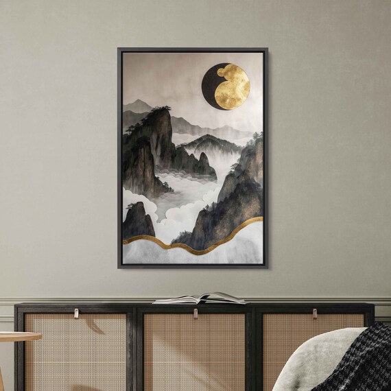 Chinese Ink Wash Landscape Wall Art Print Minimalist Design Moon Art Foggy Mountains Chinese Ink Art Ready To Hang