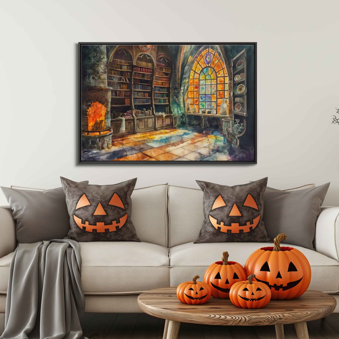 Grand Old Library Hall Stone Fireplace Stained Glass Window Poster
