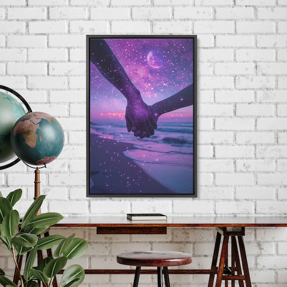 Holding Hands Beach Starry Purple Night Sky Couple Moonlight Wall Poster