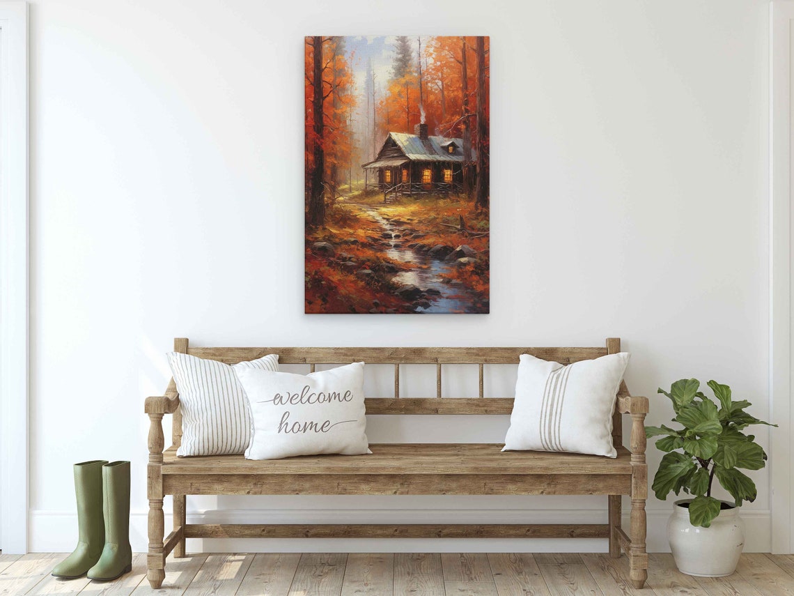 Cozy Autumn Cabin Orange Forest Stream Fall Colors Painting Print - Image 2