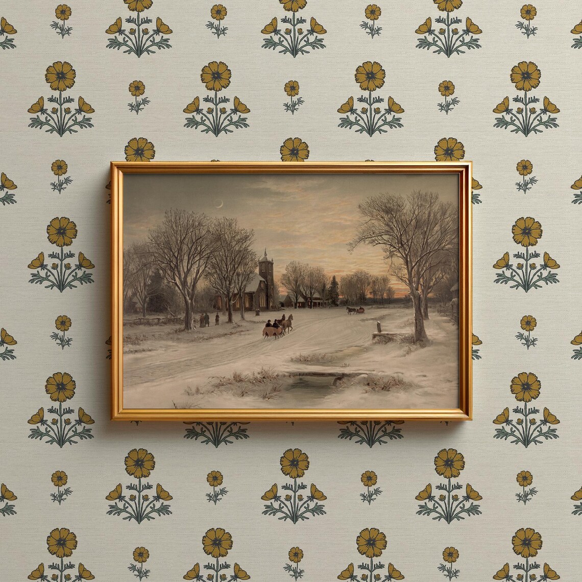Snowy Village Church Winter Twilight Vintage Oil Painting Poster - Image 2