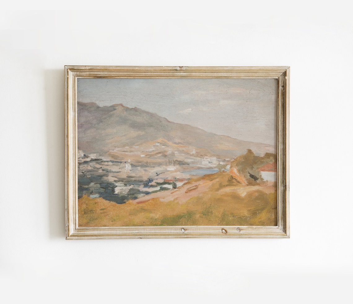 Muted Vintage Mountain Valley Village Town Impressionist Art Print