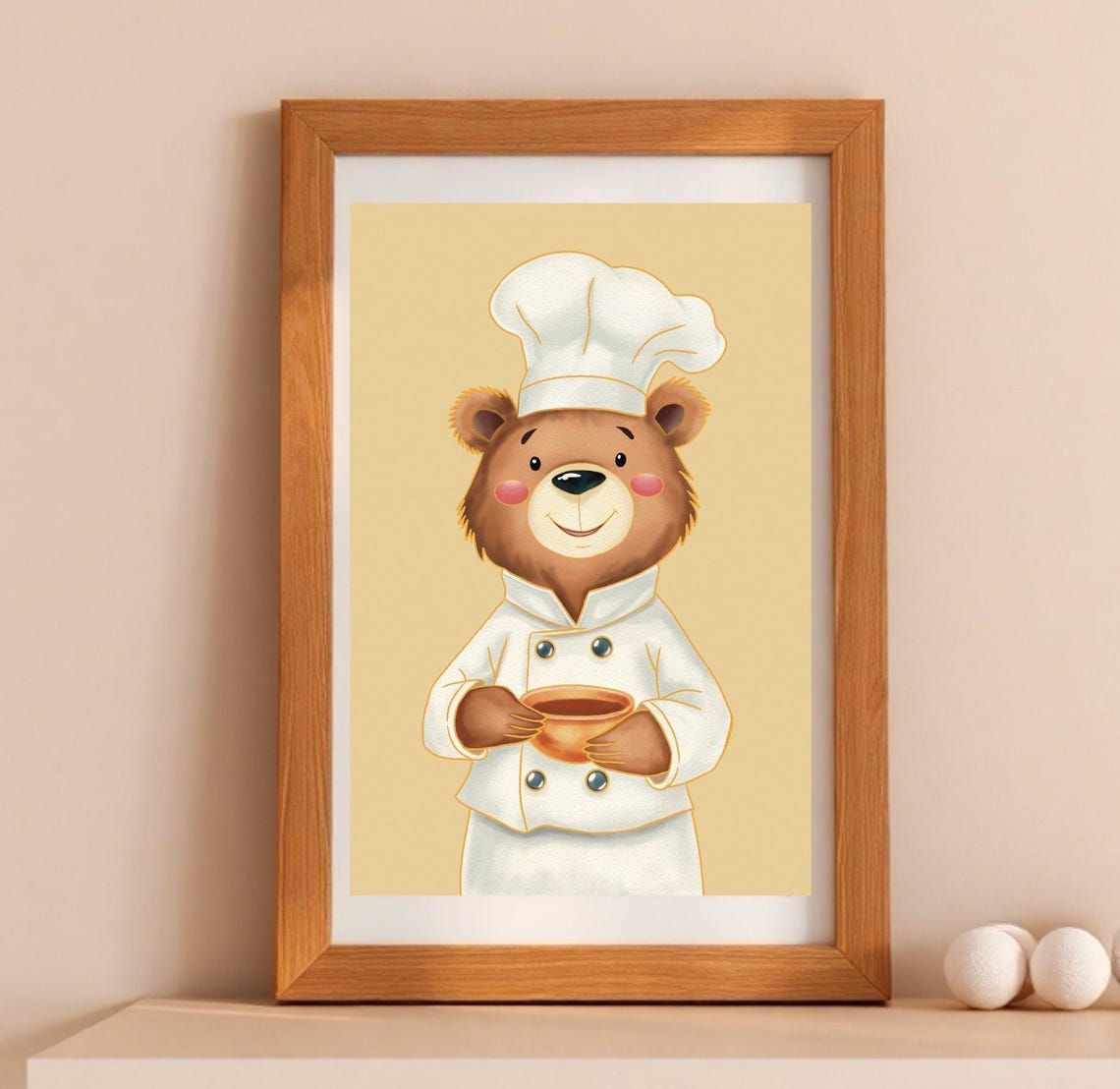 Cute Bear Chef in White Uniform Holding Bowl Kitchen Decor Poster