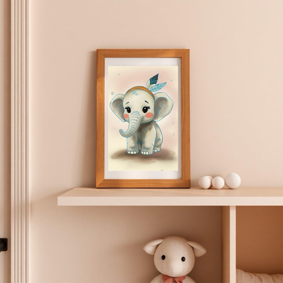 Baby Elephant With Feather Headband Blue Line Nursery Poster - Image 3