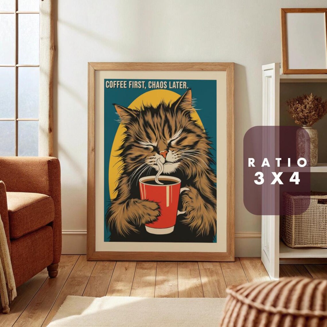 Cute Cat Retro Coffee Illustration, Kitchen Art - Image 3