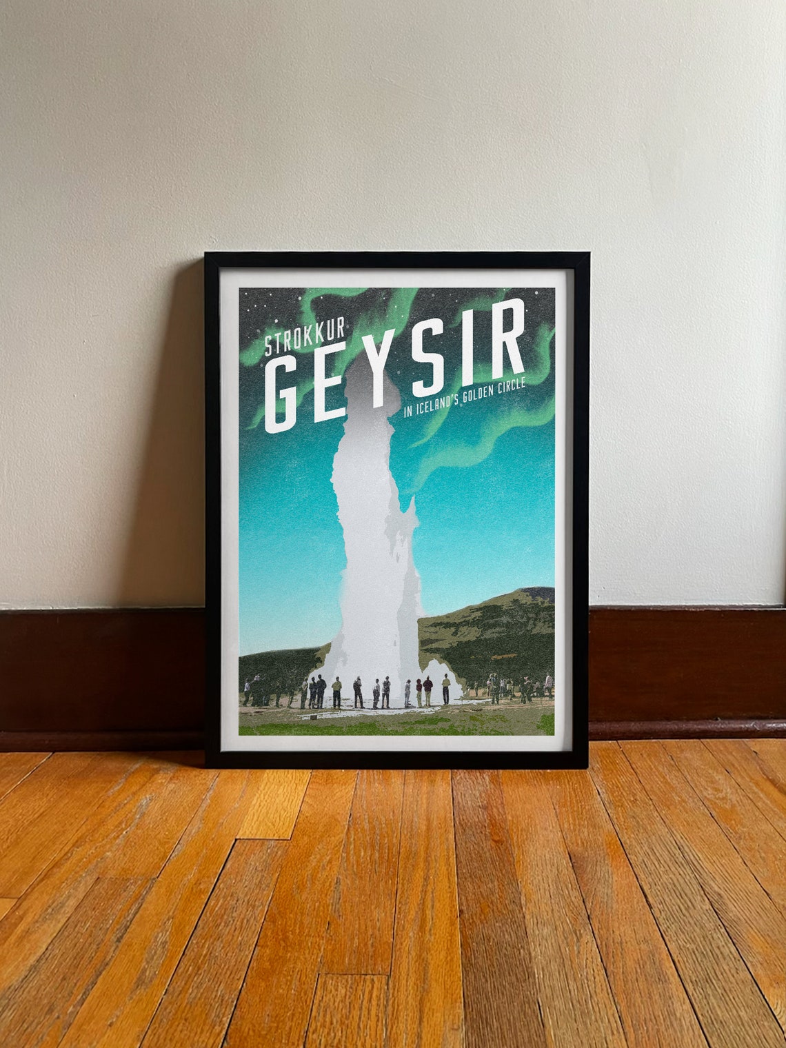 Iceland Strokkur Geyser Eruption Golden Circle Vintage Travel Poster