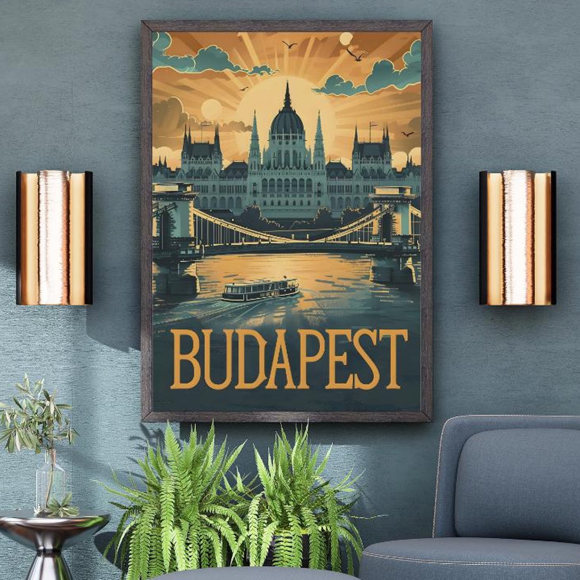 Budapest Hungary Parliament Sunset Retro Vintage Travel Poster