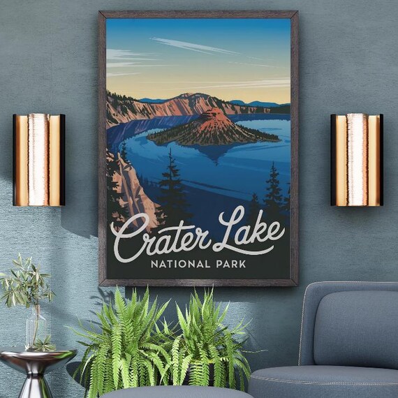 Crater Lake National Park Vintage Travel Poster Wizard Island Retro Art