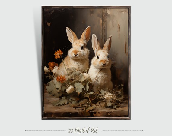 Two Bunnies Vintage Portrait Orange Flowers Dark Wall Art Print Poster