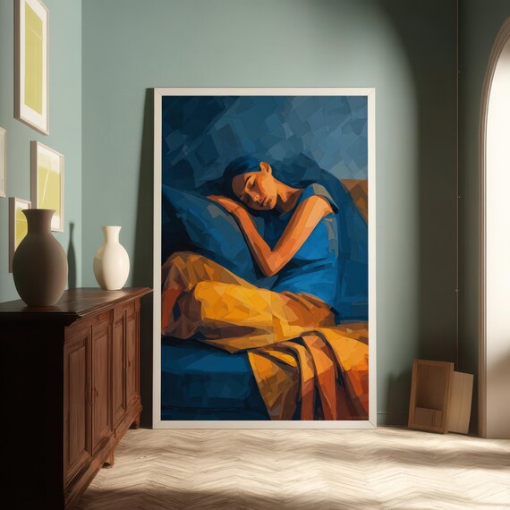 Peaceful Serenity Blue Dream Woman Resting Abstract Geometric Wall Art Decor For Bedroom