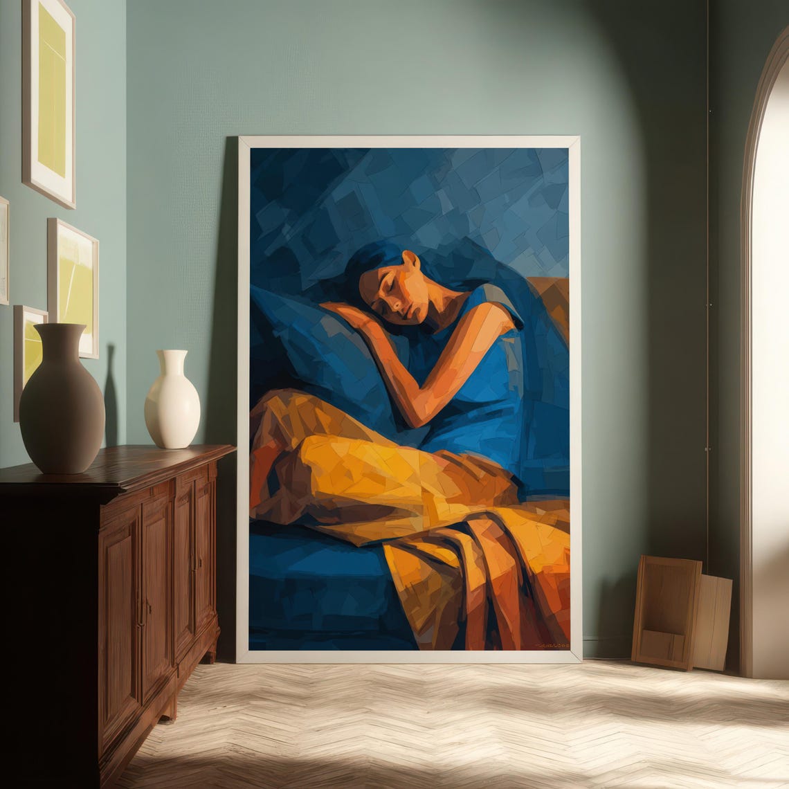 Sleeping Woman in Blue Geometric Dream Abstract Resting Art Poster