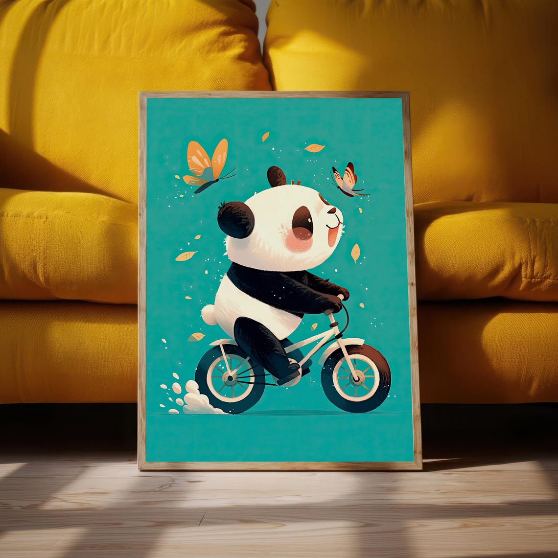 Cute Panda Riding Bicycle With Butterflies Teal Kids Room Poster