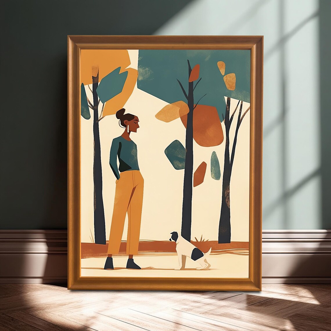 Woman And Dog In Autumn Forest Modern Abstract Stroll Poster