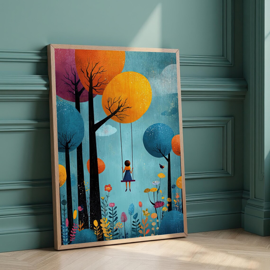 Girl On Swing Hanging From Giant Fantasy Tree Dreamlike Forest Art Print