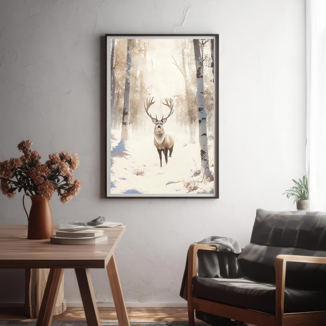 Majestic Deer Birch Forest Landscape Art Print - Image 2