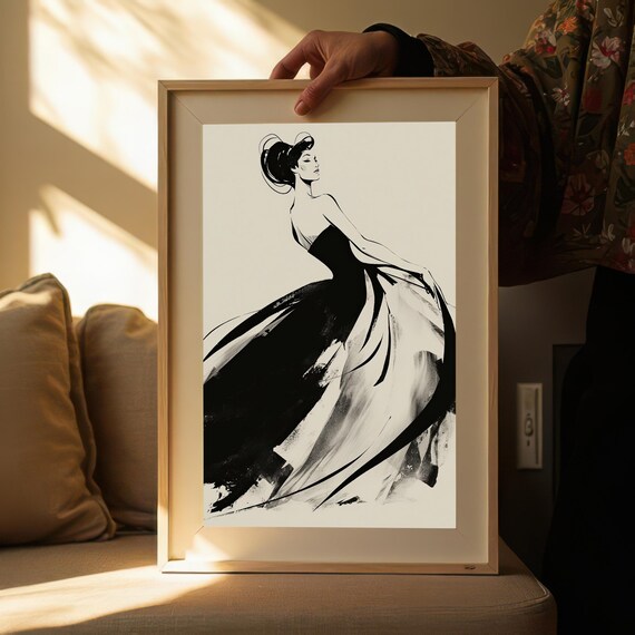 Dramatic Sweeping Monochrome Gown In Black Ink Fashion Sketch Modern Art Print