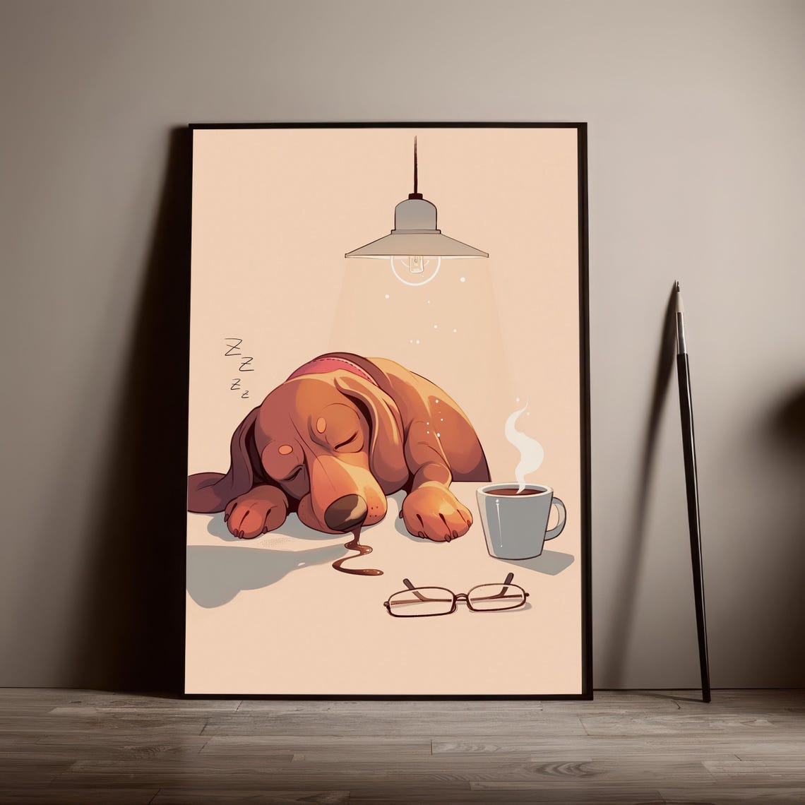 Sleeping Dachshund Dog Next To Coffee Cup Cute Nap Wall Poster