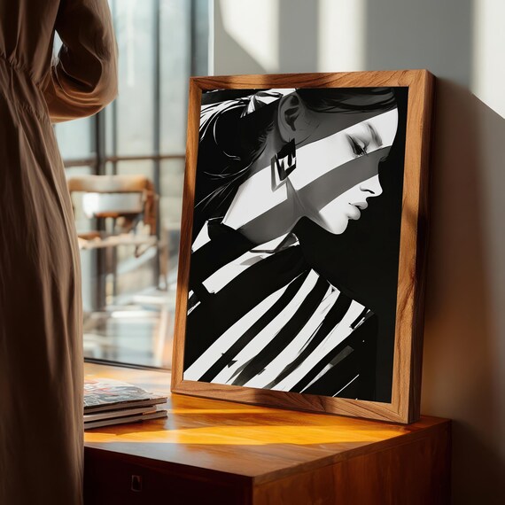 Black And White Striped Woman Fashion Portrait Graphic Art Print