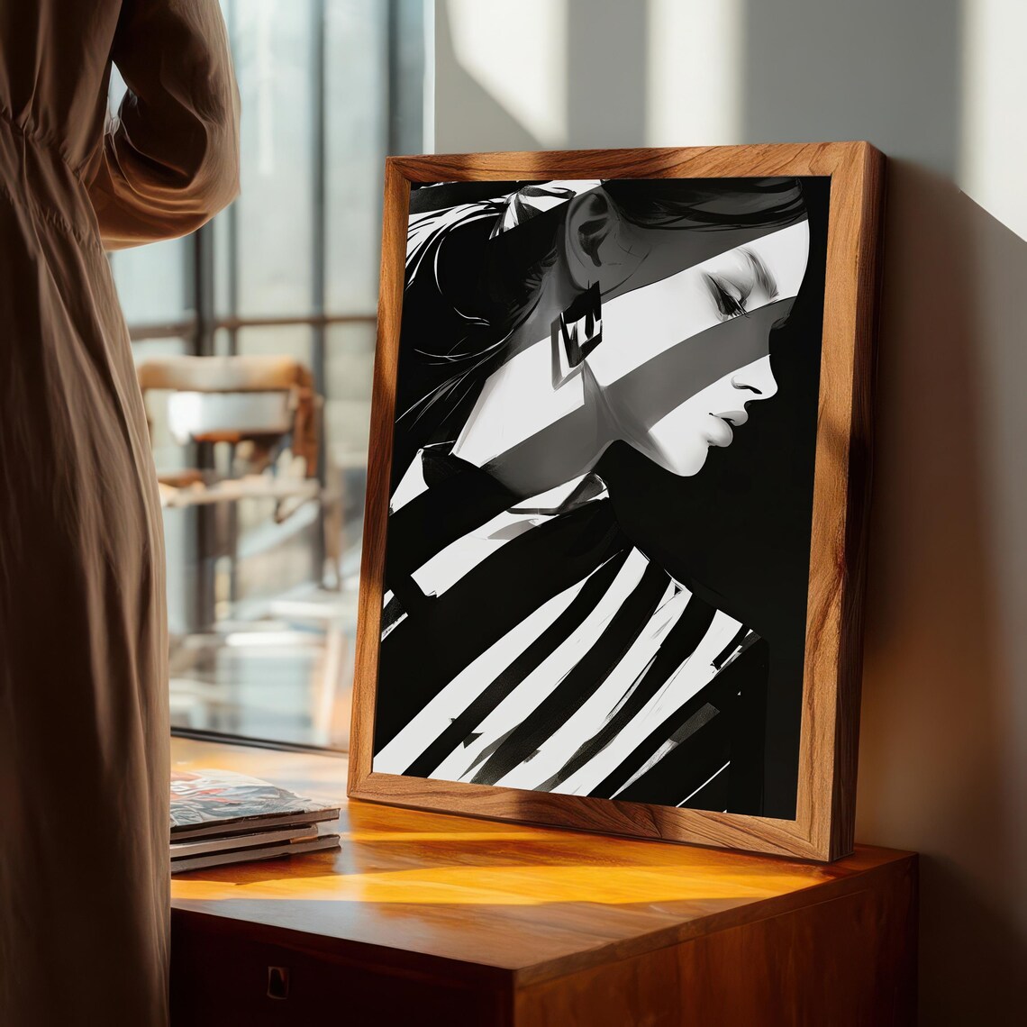 Black And White Striped Woman Fashion Portrait Graphic Art Print